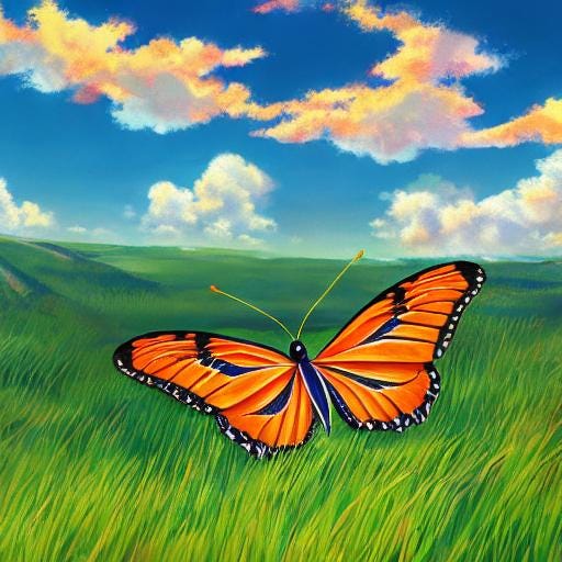 orange butterfly on a green clear field, beautiful blue sky with nice white clouds