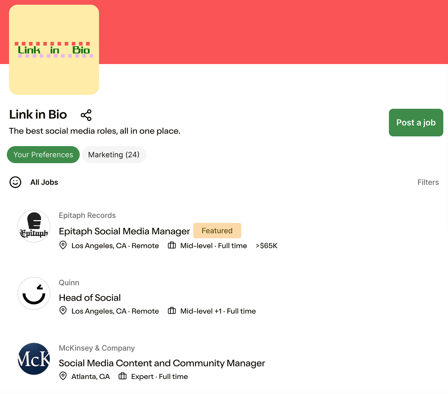 Screenshot of the Link in Bio job board with jobs from Epitaph Records, Quinn, and McKinsey and Company