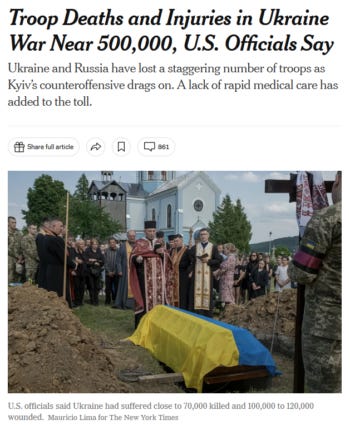 NYT: Troop Deaths and Injuries in Ukraine War Near 500,000, U.S. Officials Say