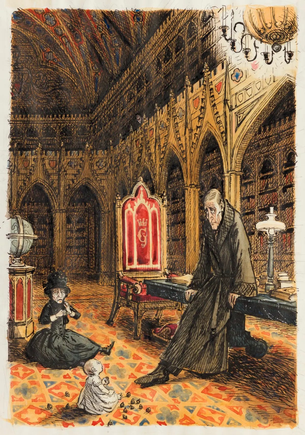 The Library of Gormenghast, with Sepulchrave, Nannie Slagg and Titus Groan