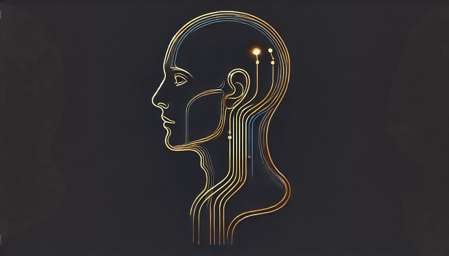 A minimalist line art illustration in a wide format, depicting a human head in profile view, facing left. The head is outlined using elegant, highly defined golden lines against a plain, deep solid black background with no additional visual elements or patterns. There are no facial features—no eyes, nose, or mouth—to maintain an abstract, anonymous, and conceptual style. From the base of the skull, a single glowing golden cable gently curves outward from the neck, extending smoothly across the image. The cable glows softly and incorporates subtle electronic detailing, symbolizing a seamless integration between biological and digital systems. The entire composition is symmetrical, clean, and uses negative space powerfully. The overall tone conveys futuristic elegance, quiet introspection, and surreal harmony. No gradients or shading beyond the subtle glow on the cable and head contours. The style is a fusion of minimalist line drawing, surreal elegance, and abstract symbolism, suitable for a high-end editorial illustration or luxury branding artwork.