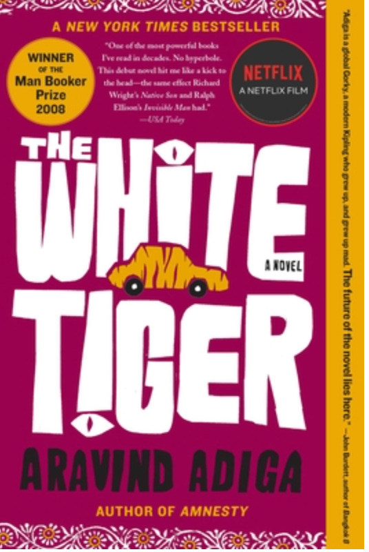 book cover with the white tiger writtenin white on maroon and gold background