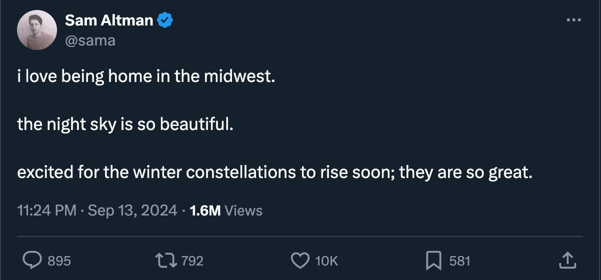 A tweet screenshot. Sam Altman @sama "i love being home in the midwest.  the night sky is so beautiful.  excited for the winter constellations to rise soon; they are so great." 10:24pm Sep 13 2024. 1.6 million views