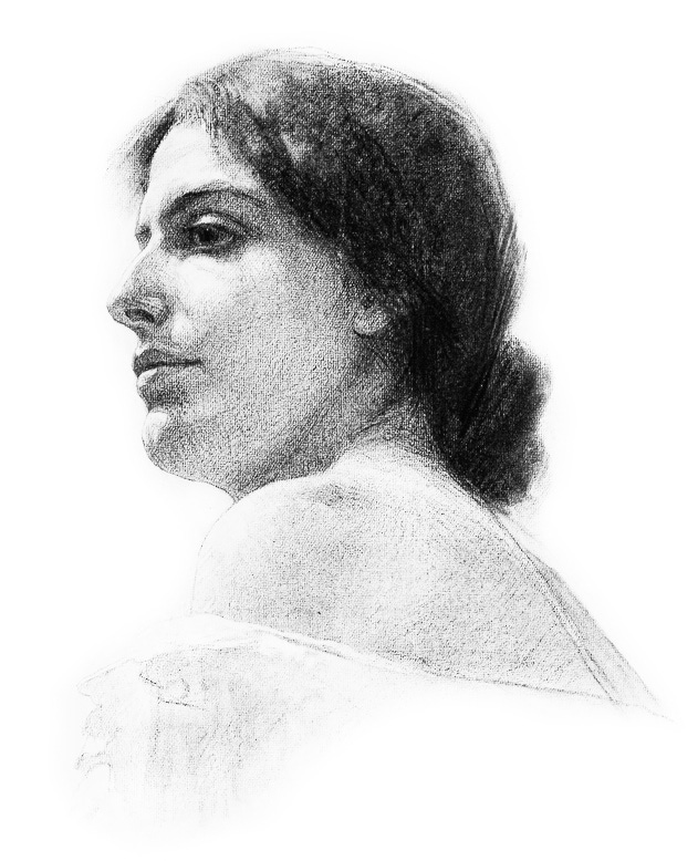 Black and white portrait of a fem presenting person, looking over their shoulder.