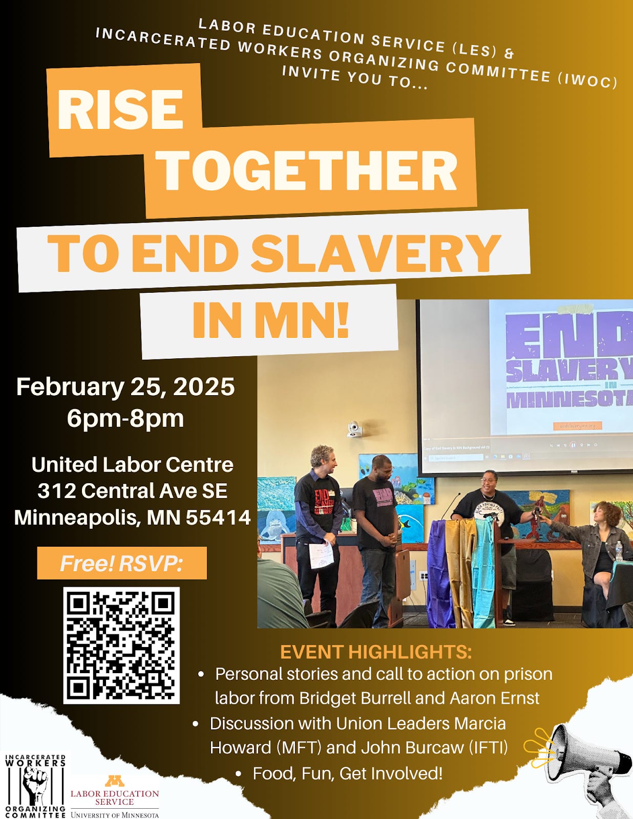 a yellow and black graphic with details for the RISE TOGETHER TO END SLAVERY IN MN! event includse a picture of people standing around a podium giving a presentation