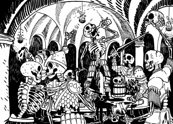 black and white drawing of skeletons having a roaring party in a crypt