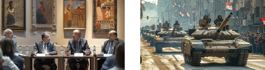 A panel discussion with four men in suits seated in front of ancient Egyptian artwork on the left; on the right, a military parade with tanks rolling down a city street lined with spectators waving flags.