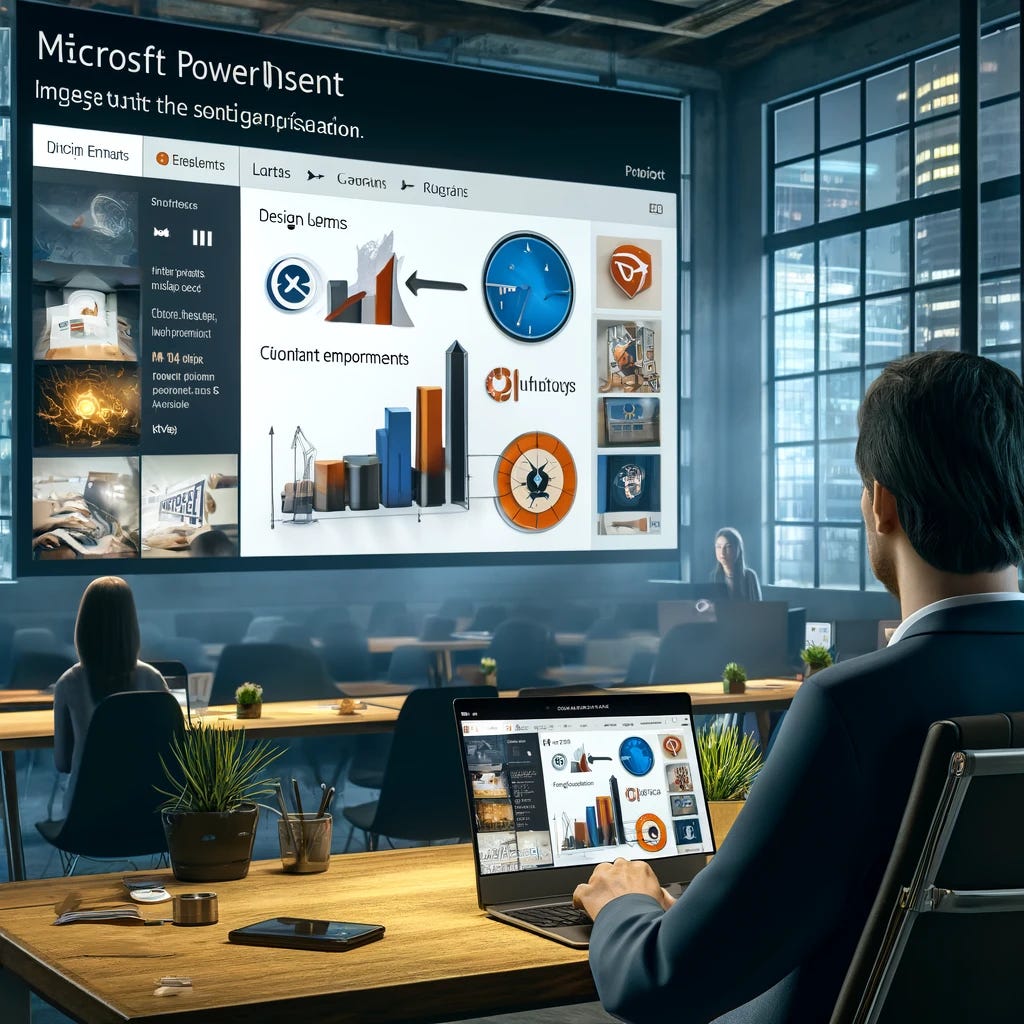 A modern office setting where an employee is using Microsoft Copilot to create a professional PowerPoint presentation. The employee is seated at a desk with a laptop, and on the screen, Copilot is suggesting design elements, layout options, and content improvements for the presentation. In the background, there is a large screen showing the presentation being built with Copilot's suggestions integrated, highlighting graphs, charts, and visually appealing slides. The atmosphere is collaborative and innovative, emphasizing how Copilot enhances the process of creating impactful presentations.