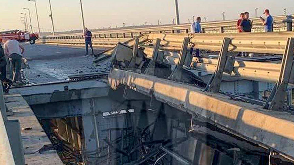 Damaged parts to the car bridge connecting the Russian mainland and Crimean peninsula over the Kerch Strait are seen on July 17, 2023.