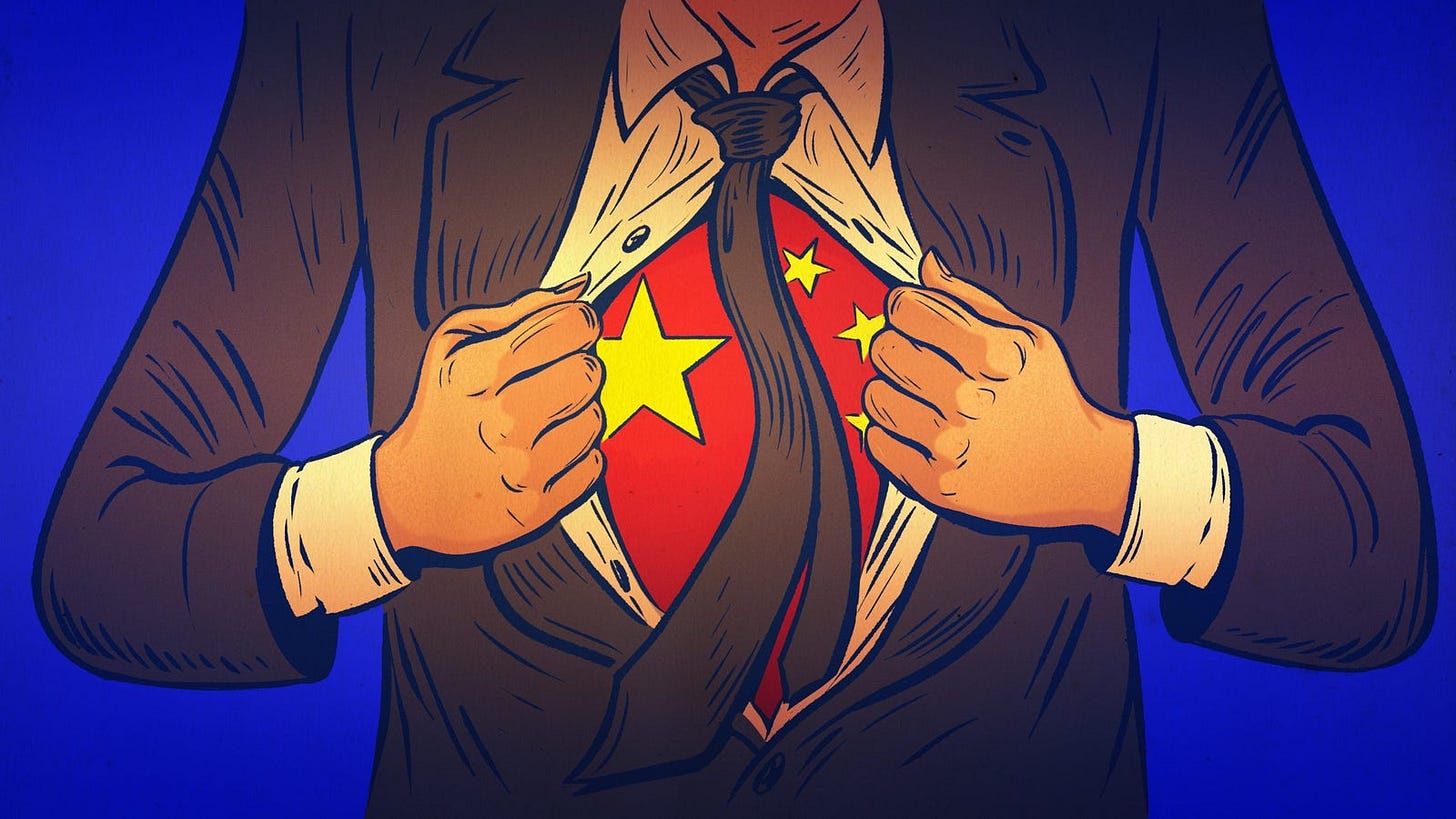 A person in a suit dramatically pulling open their shirt to reveal a red shirt with yellow stars and the colors of the Chinese flag, against a blue background.