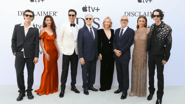 Louis Partridge, Hoyeon, Sacha Baron Cohen, Kevin Kline, Cate Blanchett, Alfonso Cuarón, Leila George and Kodi Smit-McPhee attend the Venice International Film Festival world premiere of the Apple TV+ limited series “Disclaimer” at the Palazzo del Cinema. “Disclaimer” will premiere globally on Apple TV+ on October 11, 2024.