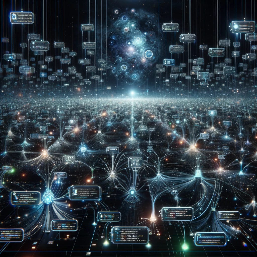 Imagine an artificial intelligence large language model similar to ChatGPT, visualized as an expansive, complex network of glowing nodes and data streams. This network is shown in a vast, dark space, with dozens of luminous tendrils extending out to connect with various API interfaces represented as floating digital panels. Each connection symbolizes the invocation of an external function, illustrating the AI's capability to handle multiple tasks simultaneously. The environment is filled with a galaxy of code snippets and digital symbols, highlighting the vast scope and power of the AI.