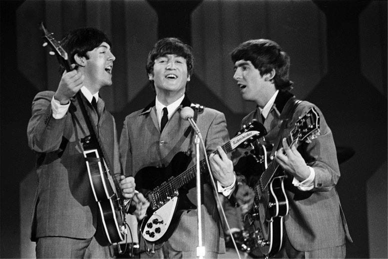 The Beatles performing on the Ed Sullivan Show on February 1, 1964.