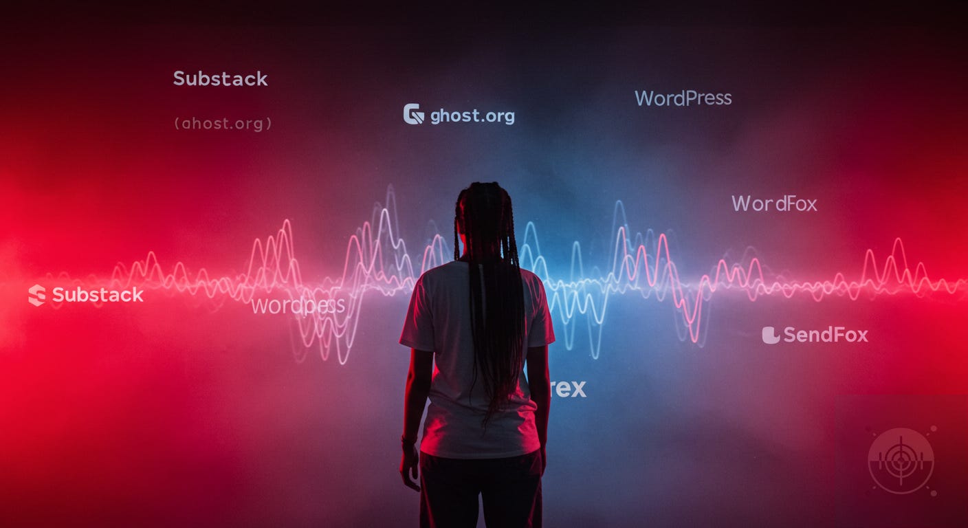 a woman staring at a wall of options for substack, ghost.org, wordpress, sendfox
