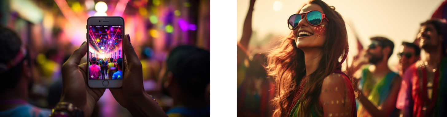 The image on the left captures a person’s perspective as they take a photo with their phone, focusing on a lively scene with a crowd and colorful lights, capturing the energy of the moment within a digital frame. On the right, a joyful woman with sunglasses reflects the vibrant festivities around her, her face adorned with colorful dots, and she is smiling broadly, with others enjoying the event in the blurred background. These images reflect the personal and shared joys of festive moments, documenting and experiencing them through modern technology and genuine human connection.
