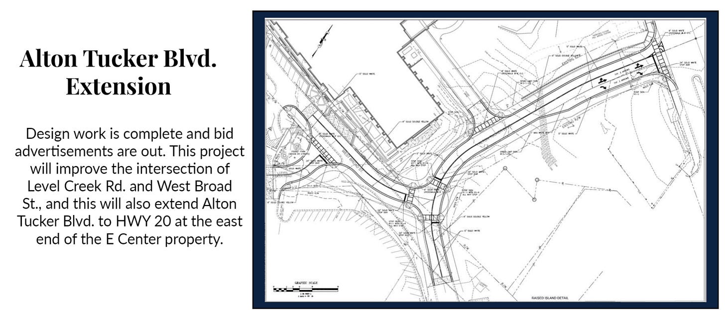 May be an image of blueprint and text that says 'Alton Tucker Blvd. Extension Design work is complete and bid advertisements are out. This project will improve the intersection of Level Creek Rd. and West Broad St., and this will also extend Alton Tucker Blvd. to HWY 20 at the east end of the E Center property. f RAID'