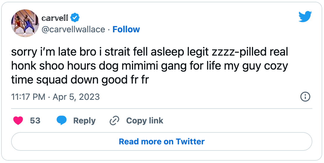 Tweet from @carvellwallace: sorry i’m late bro i strait fell asleep legit zzzz-pilled real honk shoo hours dog mimimi gang for life my guy cozy time squad down good fr fr
