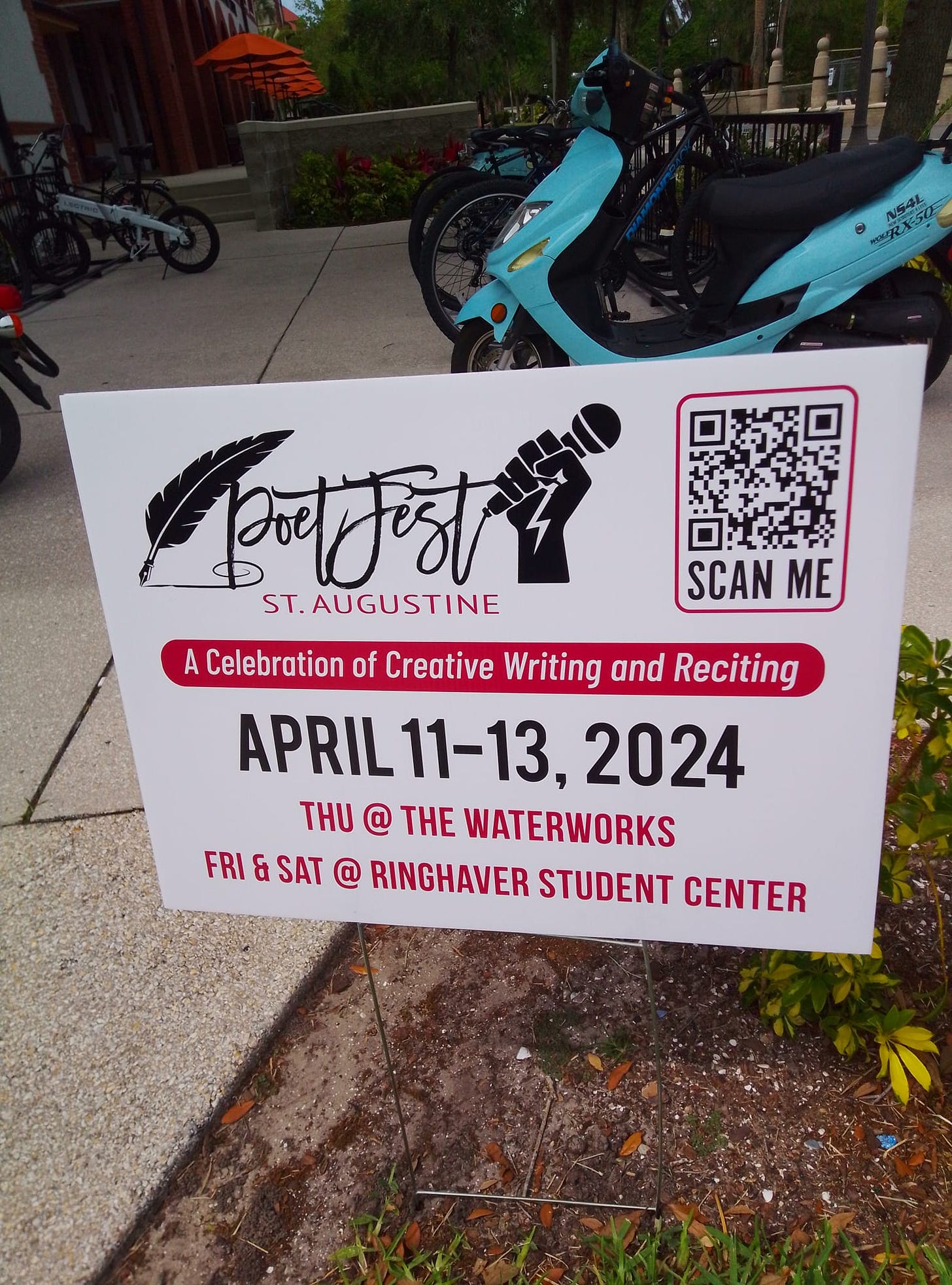 May be an image of motorcycle, scooter and text that says 'NRA 1ン SCAN ME रमद्हारथथ া पणमव्धा ST.AUGUSTINE A Celebration of Creative Writing and Reciting APRIL11- APRIL11-13,2024 11-13, 2024 THU a THE WATERWORKS FRI&SAT FRI & SAT @ RINGHAVER STUDENT CENTER'