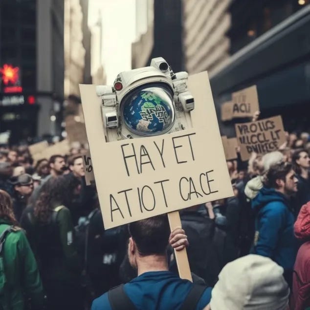 An AI conception of demonstrators protesting our focus on colonizing Mars instead of channeling our resources to save our own planet.