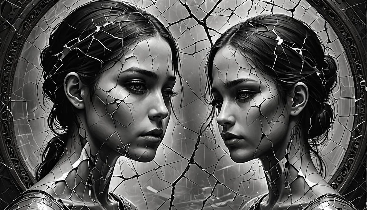 Black and white portrait of twin ladies before a cracked mirror