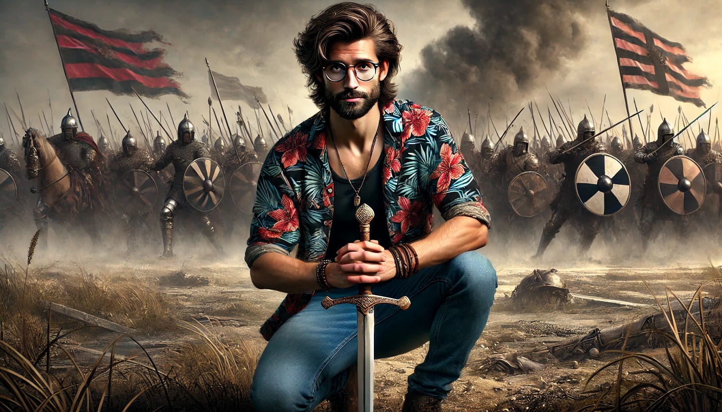 A 30-year-old white man with medium length wavy brown hair and a beard, wearing a Hawaiian shirt over a black tank top and blue jeans. He has thin-framed rectangular glasses. He is kneeling in deference to the viewer, holding a European longsword in front of him. Behind him is a field of battle, with a chaotic scene of warriors clashing and smoke rising.