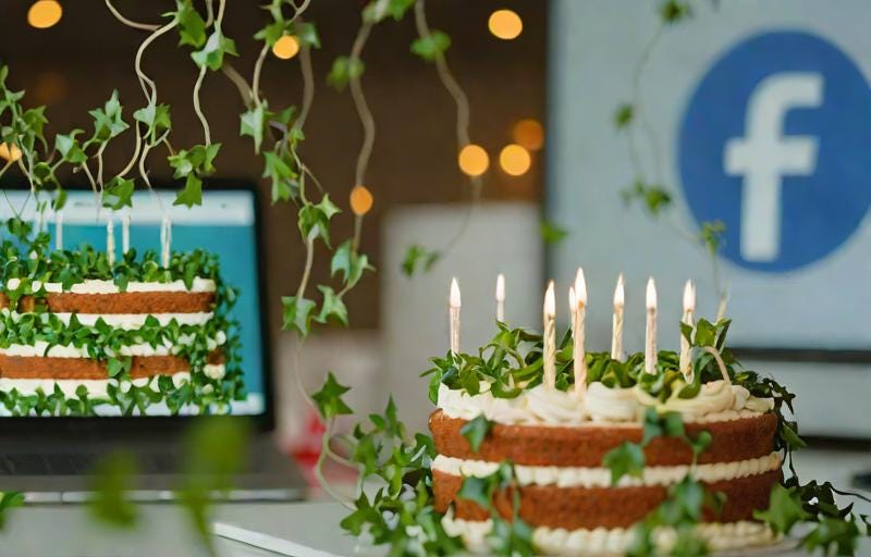 “complex strands of ivy entangling computer screens which are showing birthday cakes and the Facebook logo, photo-realistic”.