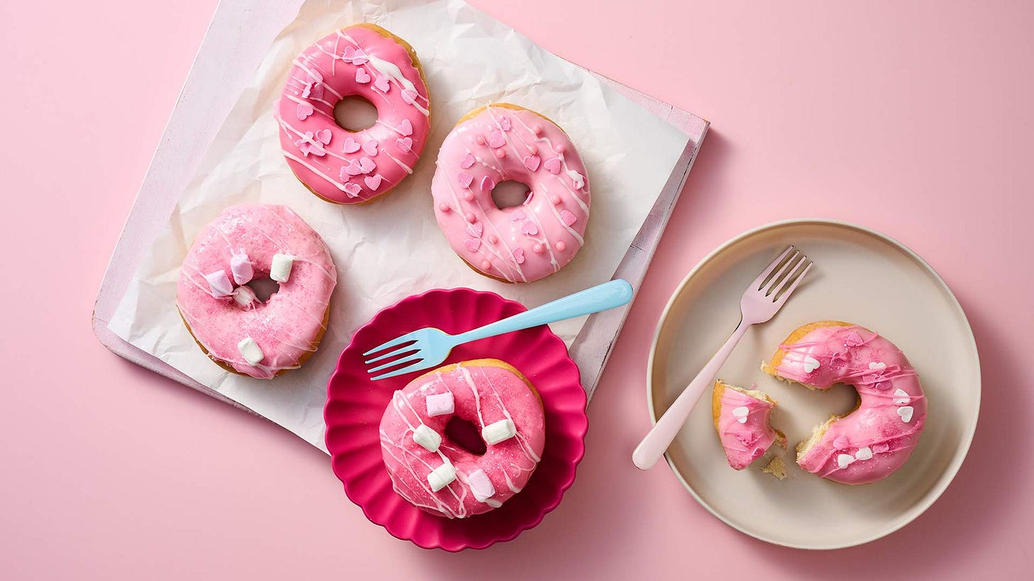 A selection of pink doughnuts from the Malibu Barbie cafe.