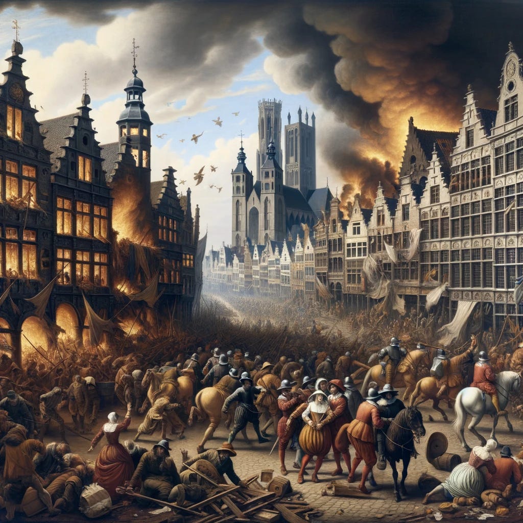 Oil painting in 16th-17th century style depicting the sack of Antwerp in 1576. The scene is dominated by Spanish soldiers causing destruction and chaos in the city streets. Buildings are on fire, and the once-prosperous market square looks devastated. In the foreground, desperate citizens are shown fleeing, carrying their belongings. Among the fleeing crowd, a group of affluent-looking Protestant merchants and artisans are shown, highlighting their significance. In the distant horizon, contrasting the devastation, is a serene image of Amsterdam's canals, symbolizing hope and a future sanctuary for the displaced.