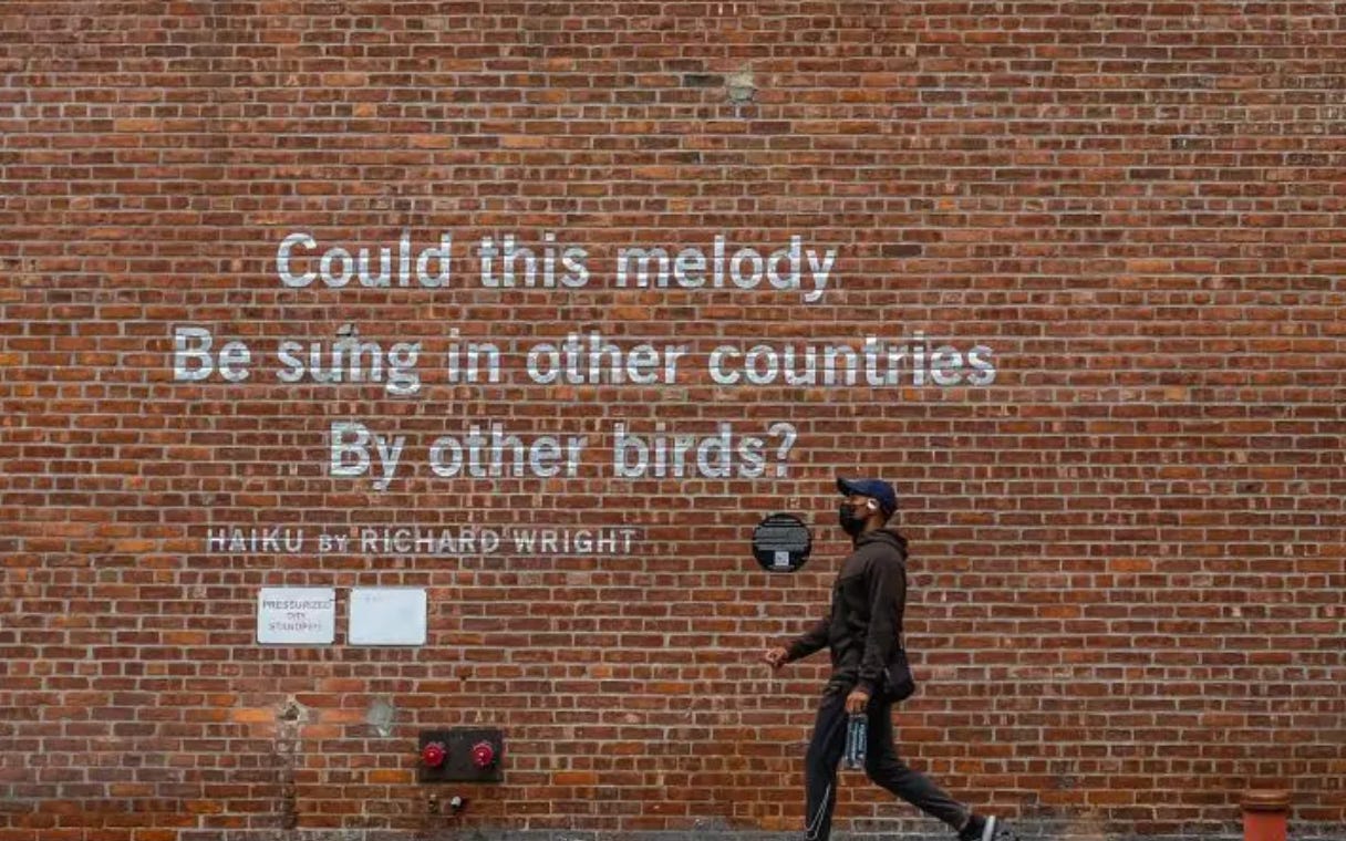 Richard wright, brick wall, public art, bird, haiku, walking, mask