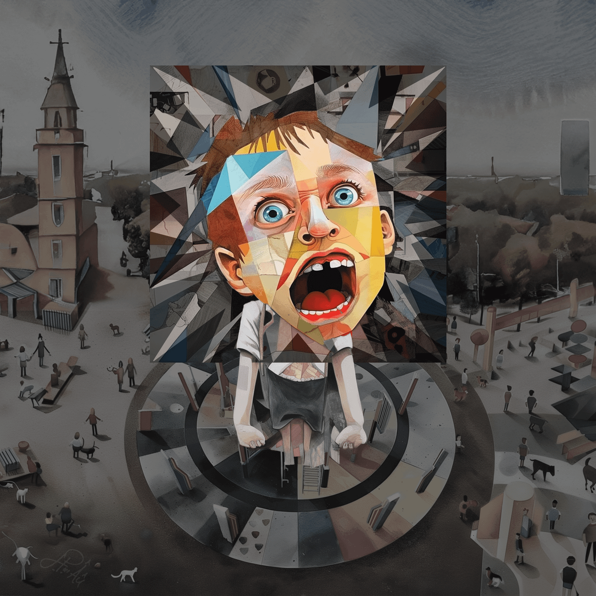 "Calm Down," digital tableau by Johnny Profane Âû. Closeup of a young boy's face during a meltdown. He wears a birthday hat and is standing on a park merry-go-round. In the background a peaceful scene of people walking dogs in a village park surrounded by trees. In a cubist collage style with dark tones an vibrant colors. Digital tools used include AI.