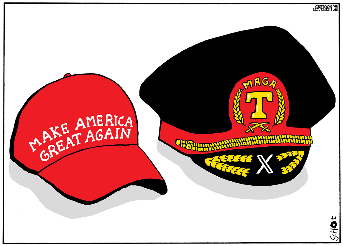 Cartoon showing a red MAGA cap, with next to it a dictator’s cap with a golden T and a logo of X on it.