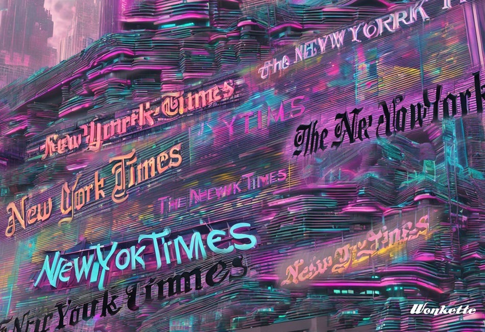 A futuristic cityscape with in pink and blue neon, with multiple, layered AI re-renderings of the 'The New York Times' sign from the facade of the New York Times building.