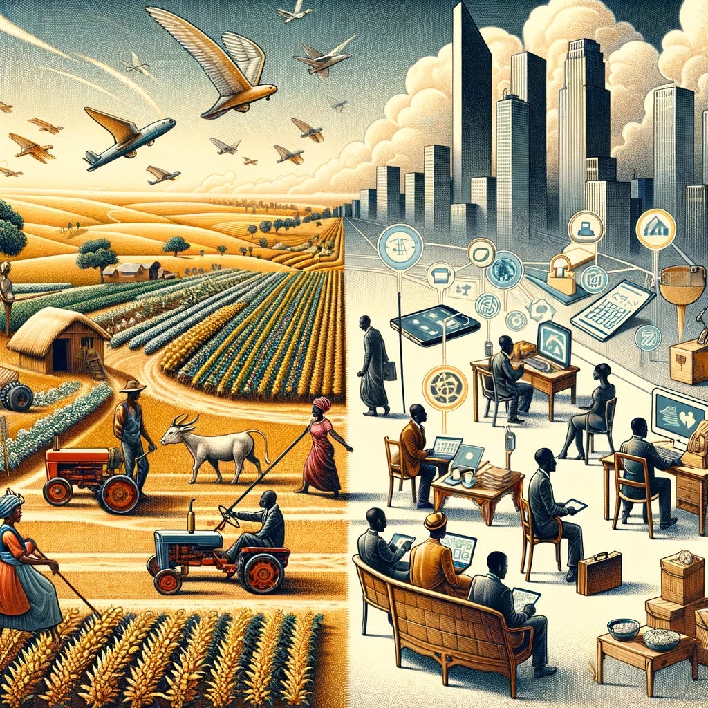 Illustration in a sophisticated and artistic style, reminiscent of early 20th-century American magazine illustrations, showcasing the transition of Africans from agricultural work to the service sector, driven by new technologies. The scene should depict a contrast between traditional farming elements, like fields and farm tools, on one side and modern service sector elements, like technology icons, office buildings, and people in service-oriented jobs, on the other. The transition should be artistically represented, blending these two worlds together. The overall image should convey a sense of economic evolution and the impact of technological advancement in Africa.