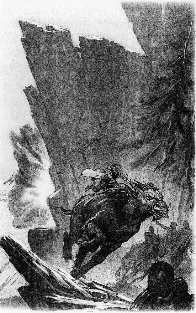 Black and white alternative preliminary concept for FOREIGNER featuring a human barely hanging onto the reins of an alien mount as it dashes through rocky terrain. The angles of the composition lend to the send of racing action. A blast explodes from the side of the mountains angling behind as the man glances back. In the immediate foreground is the top of a dark figure. Beside the mount trails several mounted figures.