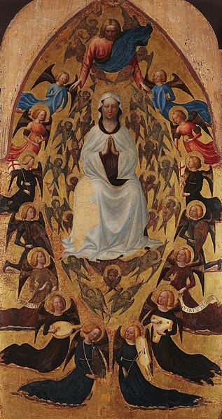Late medieval iconic Mary, robed in white and stern as the Four Last Things as she is assumed into Heaven surrounded by angels