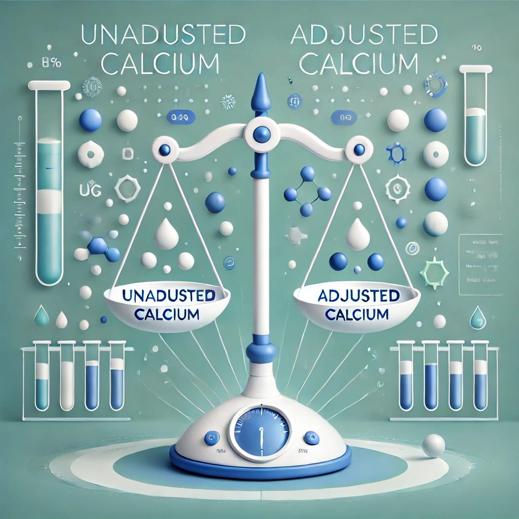 A clean and modern medical illustration showing a comparison between unadjusted calcium and adjusted calcium levels, with a focus on simplicity and clarity. The image features a stylized depiction of two scales: one labeled 'Unadjusted Calcium' balanced and the other labeled 'Adjusted Calcium' tilted, symbolizing reliability differences. A professional, approachable style includes icons of calcium molecules, a lab test tube, and a stylized medical chart in the background. The color palette is soft and professional, using shades of blue, green, and white to evoke trust and innovation in healthcare. This visual is designed to enhance understanding of calcium measurement reliability in clinical practice.