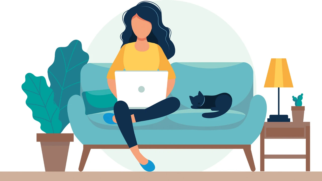 Cartoon of woman on sofa using laptop PC while cat snoozes beside her