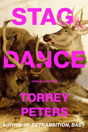 Two fighting stags, one with a pink bow on its antler, are the cover of Torrey Peters’ forthcoming “Stag Dance: A Novel and Stories”