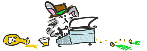 Cartoon drawing of a gray bunny in a fedora working at a typewriter. A container of carrot juice is spilled nearby, and the ends of gnawed carrots litter the floor.