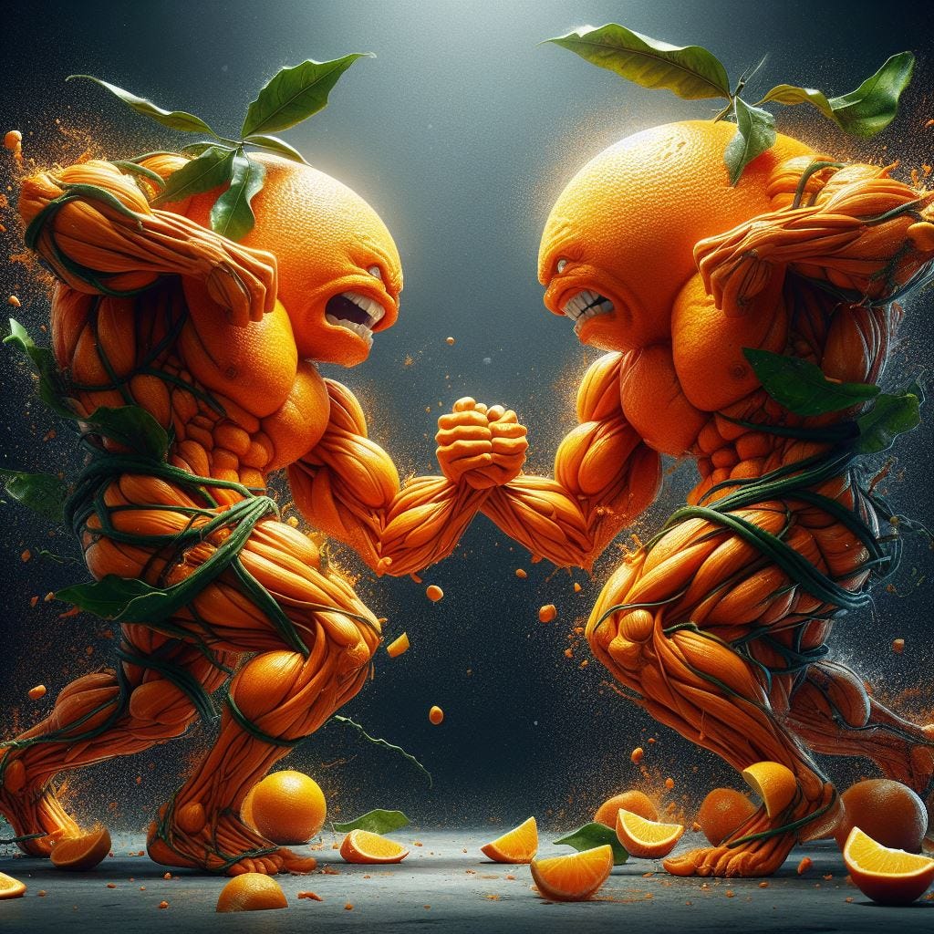Two large oranges fighting each other, digital art