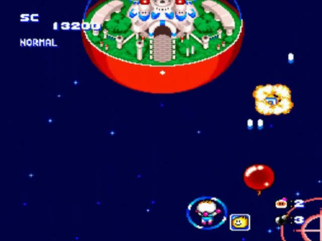 A screenshot from the first stage of Star Parodier, featuring the Bomberman ship with a shield, firing off balloon shots that already blew up a foe. A power-up that looks like one from the Bomberman series is to the ship's right.