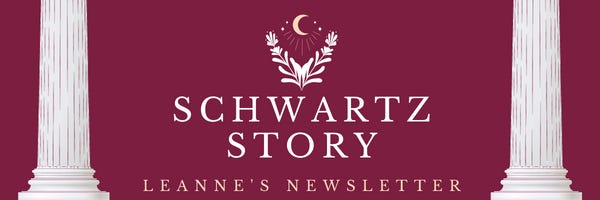 Schwartz Story: Leanne's Newsletter set between two columns on a wine background
