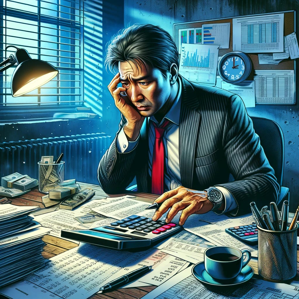 A vivid depiction of an entrepreneur in his office, clearly wrestling with the difficult decision of cost-cutting measures, including the potential layoff of employees. The entrepreneur, a middle-aged man of Asian descent, is sitting at his desk, surrounded by financial documents, a calculator, and a laptop displaying a spreadsheet with budget figures. His expression is one of deep contemplation and concern. The office setting is realistic, with visible signs of a struggling business, like a half-empty coffee cup and a clock showing late hours, symbolizing the long hours and hard decisions faced in business.