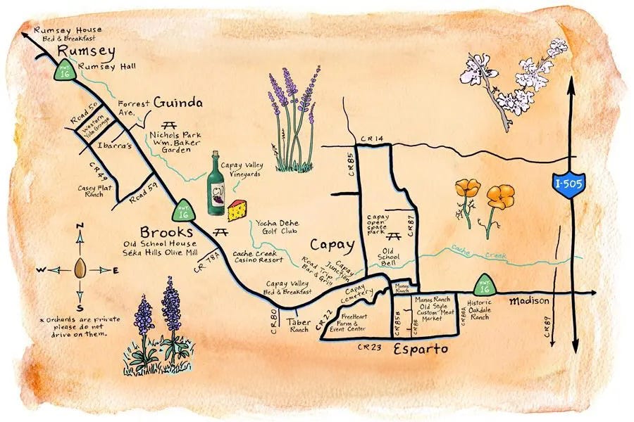 Map of Capay Valley and the Almond Blossom route