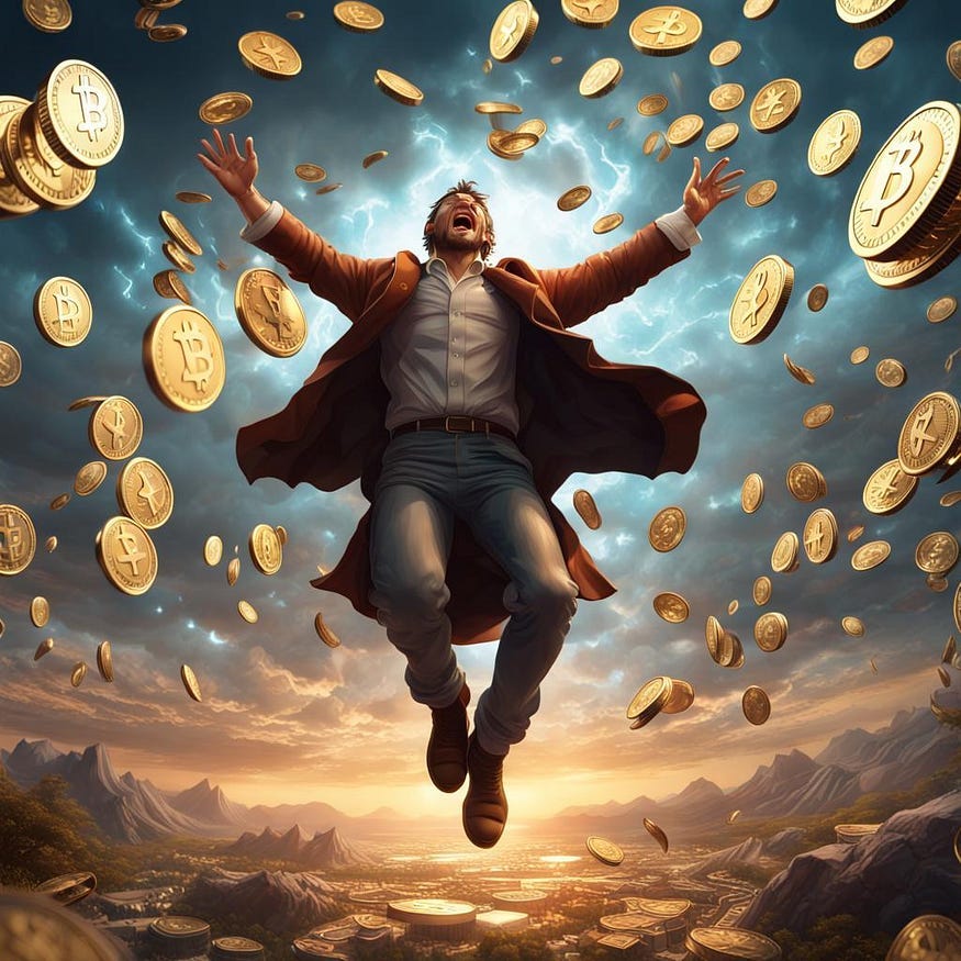 A man floating in the air with open hands to the sky and crypto falling from sky is in the picture