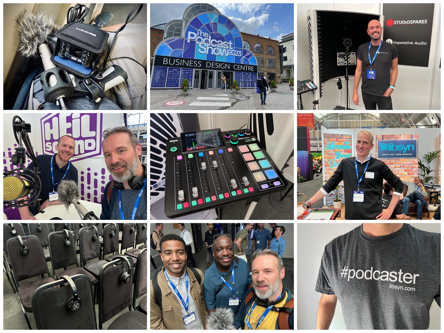 A montage of images taken on the way and during the podcast show 2023. There are photos of me interviewing people as well as some audio technology.