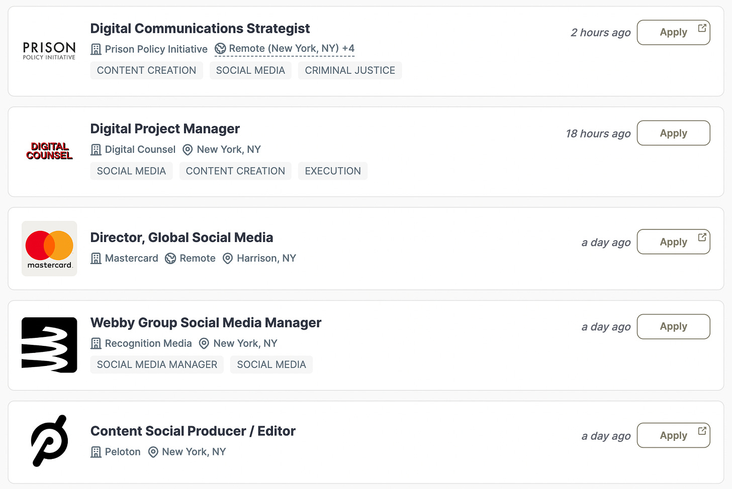 Screenshot of the Link in Bio job board with listings from Digital Counsel, Mastercard, Webby's, and more.