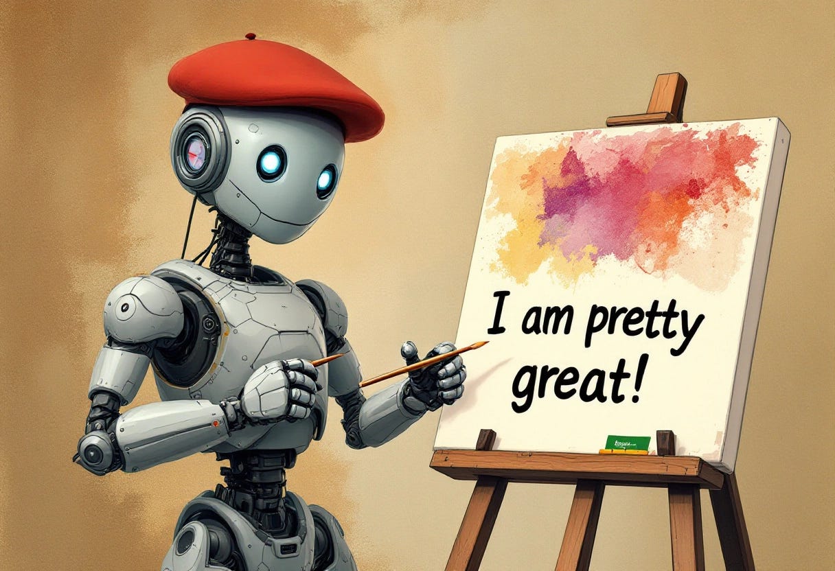 A robot artist wearing a beret and holding a paintbrush stands next to an easel. On the easel is a canvas with an abstract background. There is a text on the canvas that says "I am pretty great!"