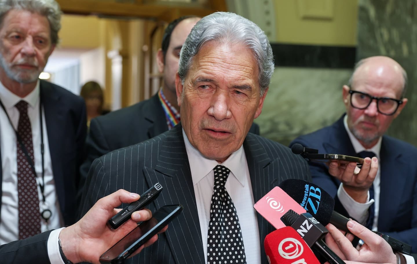 Foreign Affairs Minister Winston Peters speaks to media after sacking Phil Goff on Thursday. Photo / Mark Mitchell