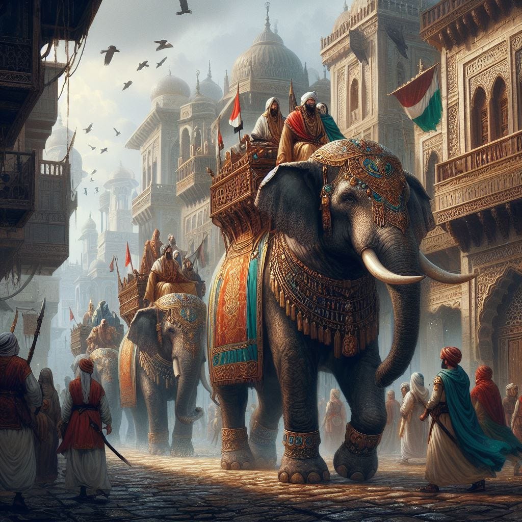 Elephants dressed in fancy middle eastern garb parading through a fancy medieval Iraqi urban street with soldiers walking alongside, D&D fantasy art